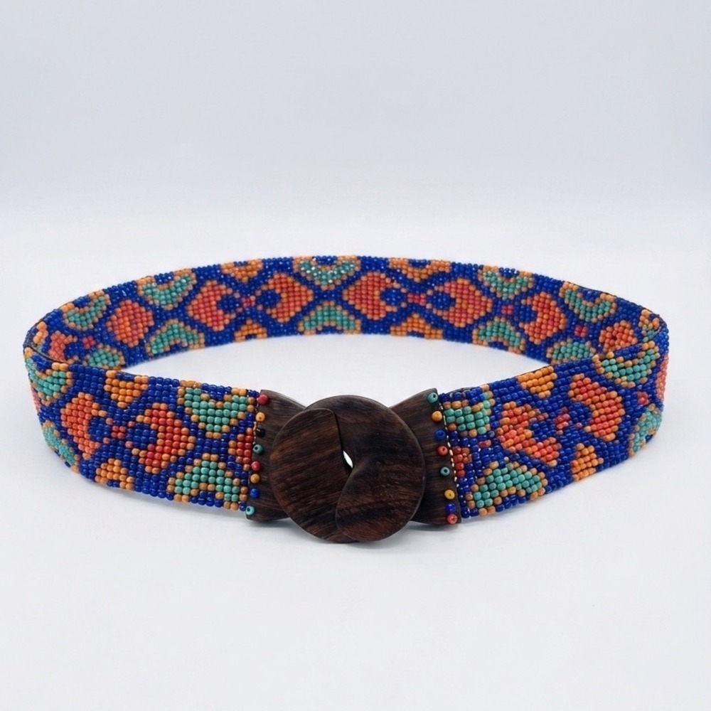 Vtg Hand Beaded Carved Geometric Belt Wood Buckle Boho Artisan Colorful Elastic